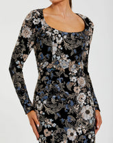 Black Multicolor Embroidered Velvet Evening Gown with Long Sleeves
